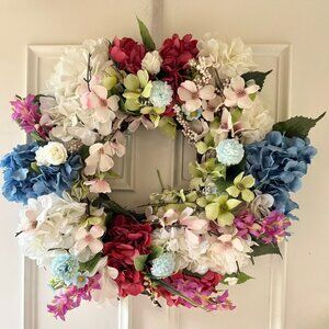 Colorful Faux Floral 26 in Wreath One of a Kind Handmade Hydrangeas Roses Peony